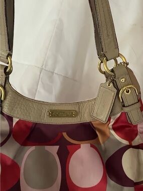 Coach Multicolor Signature Circle-Print Shoulder Bag with Beige Trim